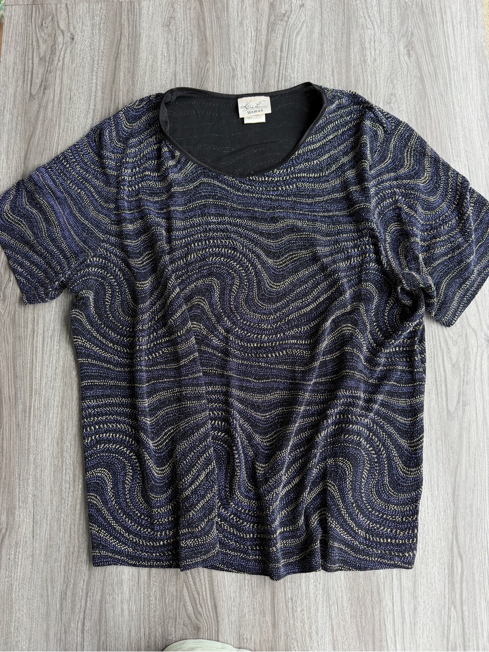 Kathie Lee Vintage Black Metallic Shimmer Swirl Wave Knit Top Plus Size 22/24